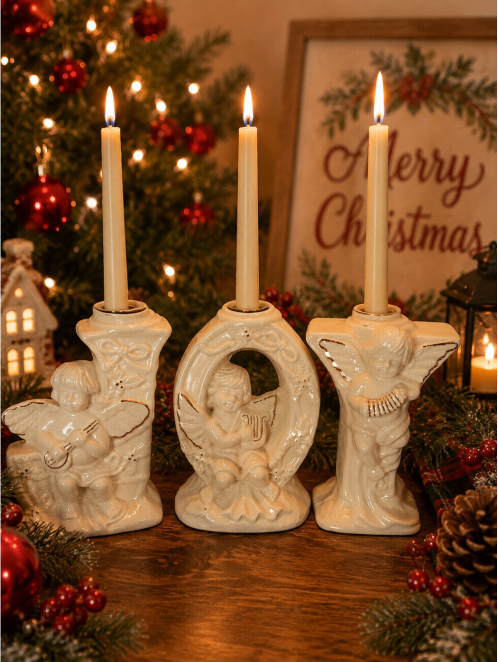 Vintage Set of 3 JOY Angel Cherub Taper Candle Holders Cream Gold Christmas